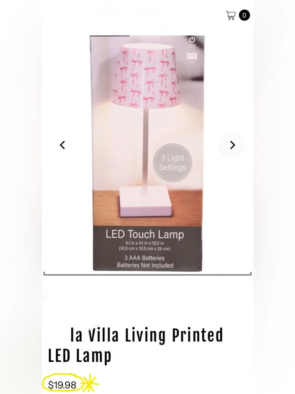 Pink Bow LED touch Lamp NWT